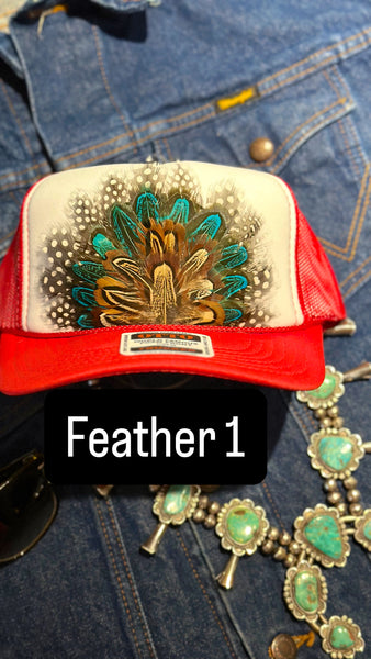 RED AND WHITE FEATHER TRUCKER HAT