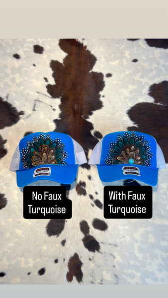 BLUE AND WHITE FEATHER TRUCKER HAT
