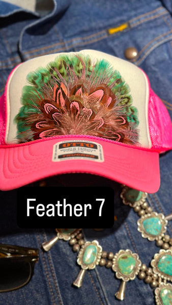 HOT PINK AND WHITE FEATHER TRUCKER HAT