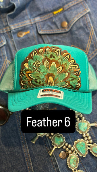 TEAL FEATHER TRUCKER HAT