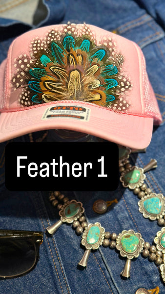 LIGHT PINK FEATHER TRUCKER HAT