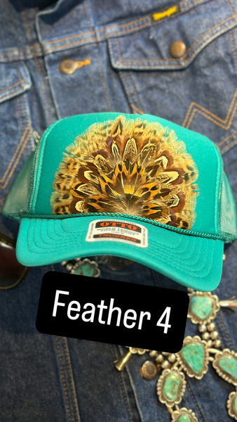 TEAL FEATHER TRUCKER HAT