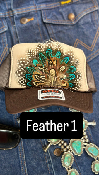 BROWN AND TAN FEATHER TRUCKER HAT
