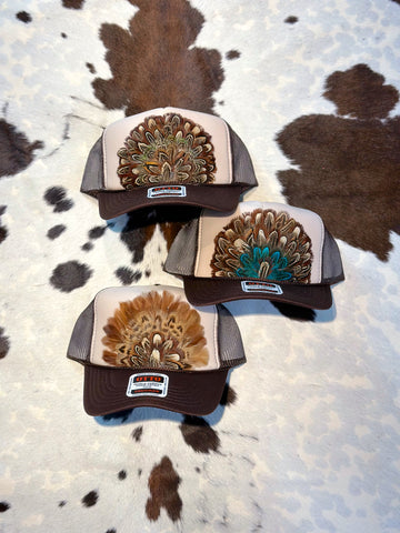 BROWN AND TAN FEATHER TRUCKER HAT