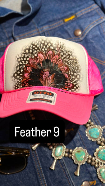 HOT PINK AND WHITE FEATHER TRUCKER HAT