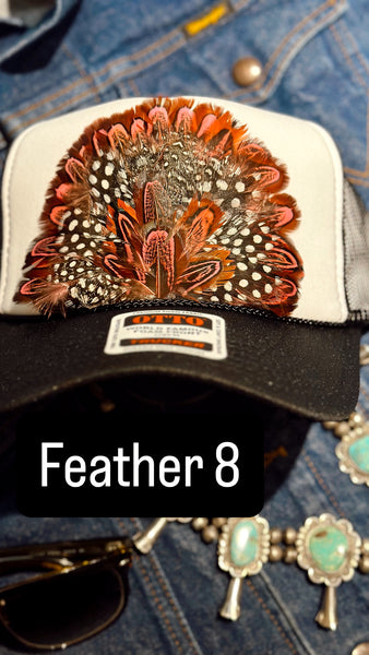 BLACK AND WHITE FEATHER TRUCKER HAT