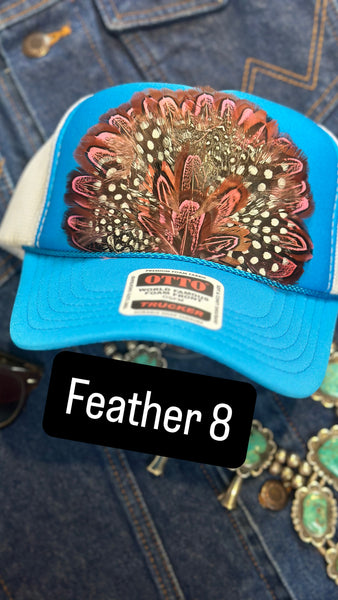 BLUE AND WHITE FEATHER TRUCKER HAT
