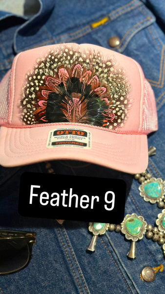 LIGHT PINK FEATHER TRUCKER HAT
