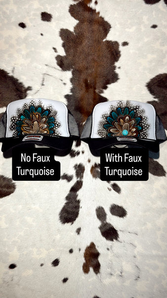 BLACK AND WHITE FEATHER TRUCKER HAT