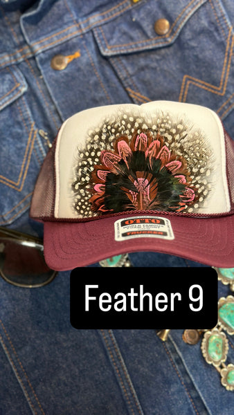 BURGUNDY AND WHITE FEATHER TRUCKER HAT