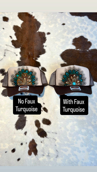 BROWN AND TAN FEATHER TRUCKER HAT