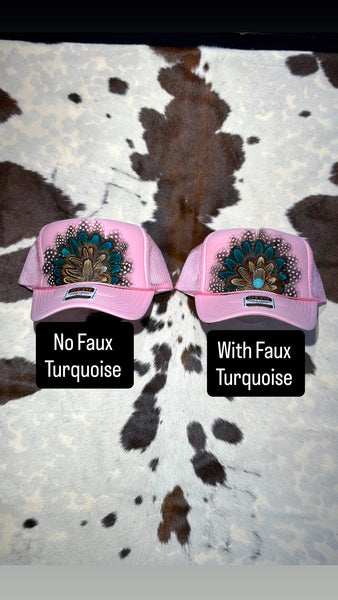 LIGHT PINK FEATHER TRUCKER HAT