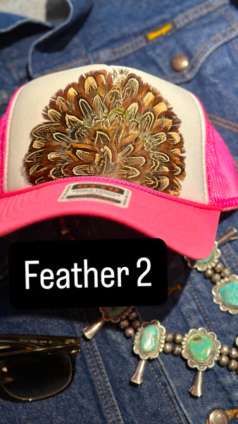 HOT PINK AND WHITE FEATHER TRUCKER HAT