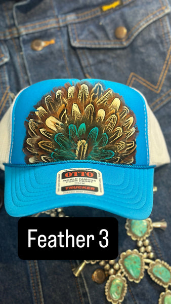 BLUE AND WHITE FEATHER TRUCKER HAT