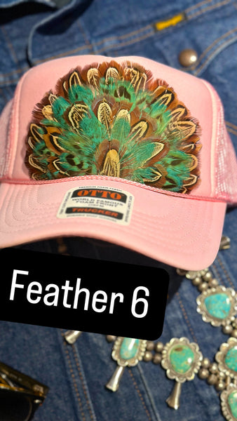 LIGHT PINK FEATHER TRUCKER HAT