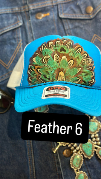 BLUE AND WHITE FEATHER TRUCKER HAT