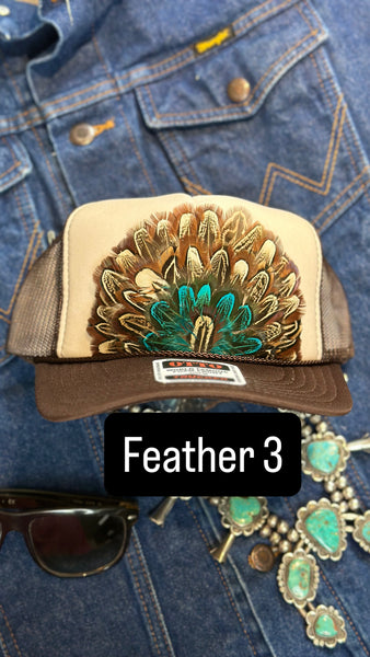 BROWN AND TAN FEATHER TRUCKER HAT