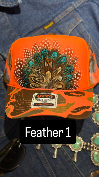 ORANGE CAMO CAMOUFLAGE FEATHER TRUCKER HAT