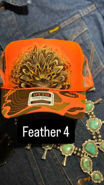 ORANGE CAMO CAMOUFLAGE FEATHER TRUCKER HAT