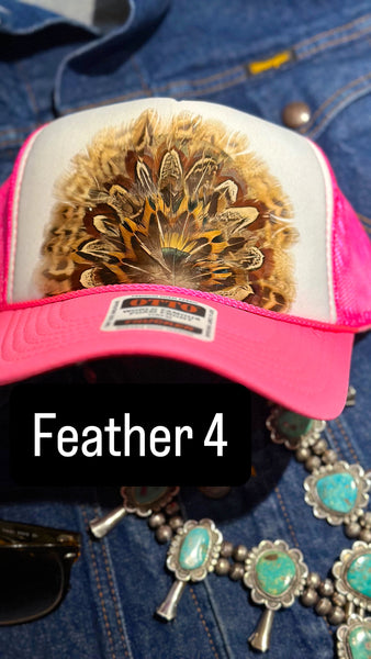 HOT PINK AND WHITE FEATHER TRUCKER HAT