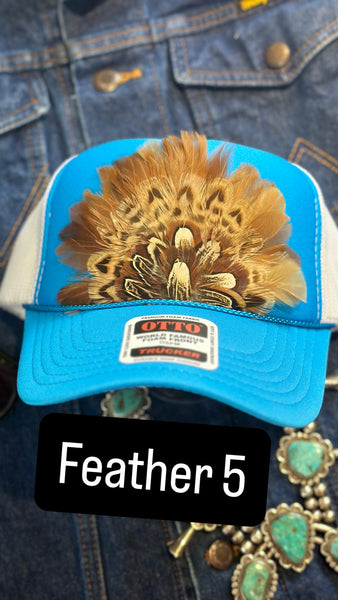 BLUE AND WHITE FEATHER TRUCKER HAT
