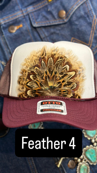 BURGUNDY AND WHITE FEATHER TRUCKER HAT