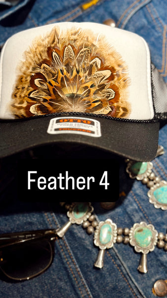 BLACK AND WHITE FEATHER TRUCKER HAT