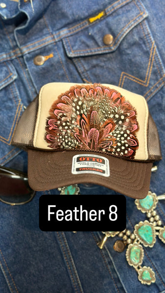 BROWN AND TAN FEATHER TRUCKER HAT