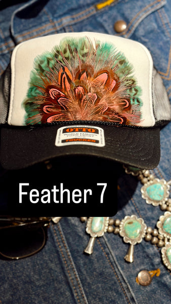 BLACK AND WHITE FEATHER TRUCKER HAT