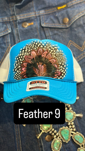 BLUE AND WHITE FEATHER TRUCKER HAT