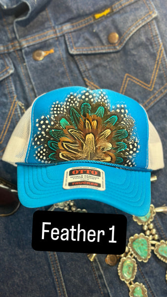 BLUE AND WHITE FEATHER TRUCKER HAT