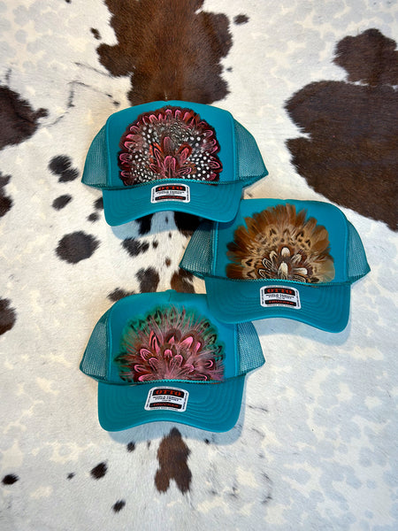 TEAL FEATHER TRUCKER HAT
