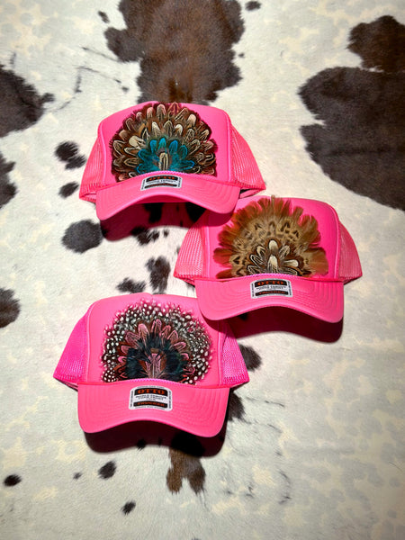 HOT PINK FEATHER TRUCKER HAT
