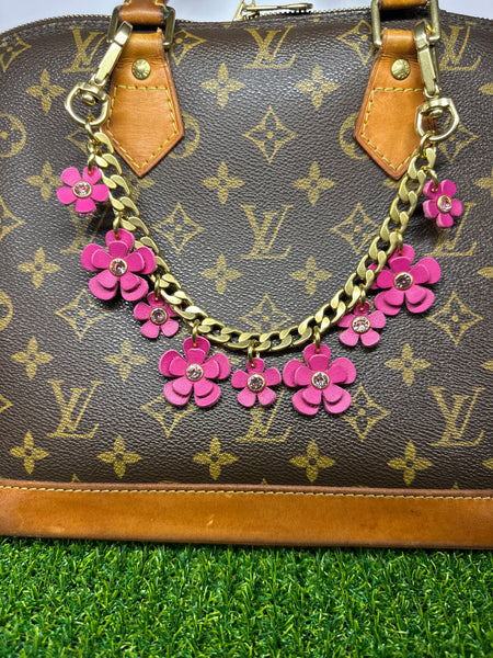 Handmade Leather Bag Jewelry – Brass Chain Floral Purse Charm