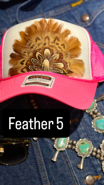 HOT PINK AND WHITE FEATHER TRUCKER HAT