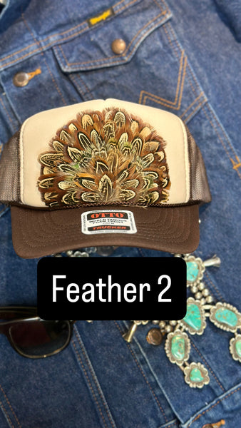 BROWN AND TAN FEATHER TRUCKER HAT