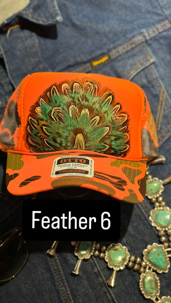 ORANGE CAMO CAMOUFLAGE FEATHER TRUCKER HAT
