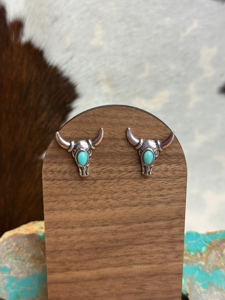 STEER HEAD FAUX TURQUOISE STUD EARRINGS