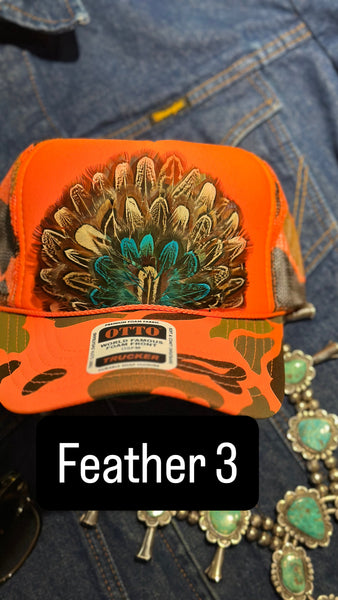 ORANGE CAMO CAMOUFLAGE FEATHER TRUCKER HAT