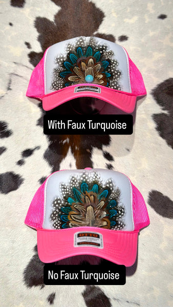 HOT PINK AND WHITE FEATHER TRUCKER HAT