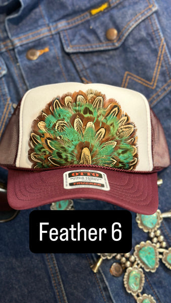 BURGUNDY AND WHITE FEATHER TRUCKER HAT