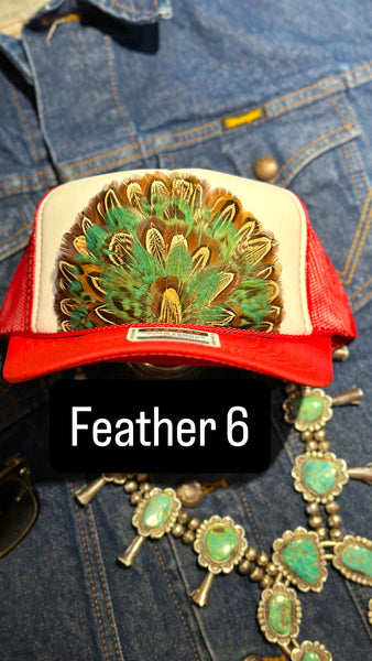 RED AND WHITE FEATHER TRUCKER HAT