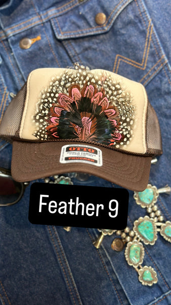 BROWN AND TAN FEATHER TRUCKER HAT