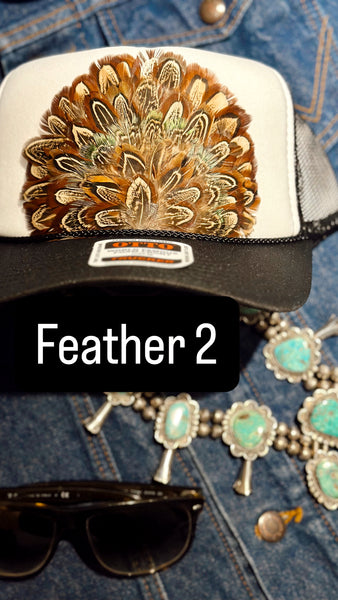 BLACK AND WHITE FEATHER TRUCKER HAT