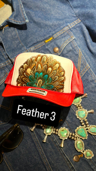 RED AND WHITE FEATHER TRUCKER HAT
