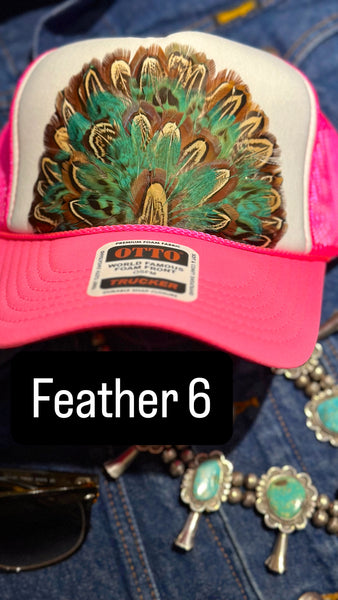 HOT PINK AND WHITE FEATHER TRUCKER HAT