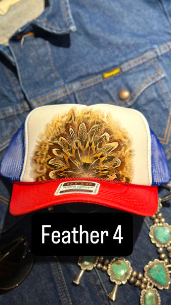 RED WHITE AND BLUE FEATHER TRUCKER HAT