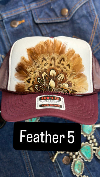 BURGUNDY AND WHITE FEATHER TRUCKER HAT