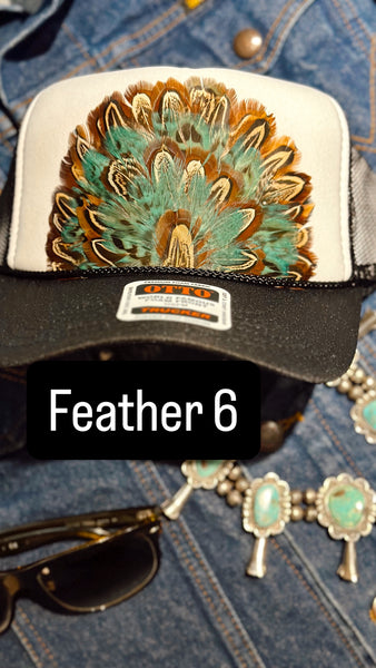 BLACK AND WHITE FEATHER TRUCKER HAT