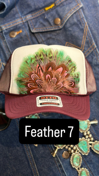BURGUNDY AND WHITE FEATHER TRUCKER HAT